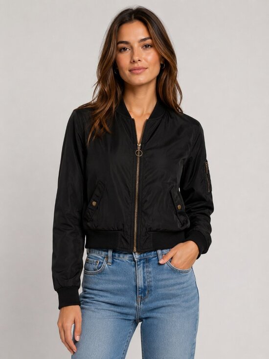 New Look Jackets & Blazers - New Look Black Bomber Jacket Red Lining Zip Front Lightweight Utility Coat